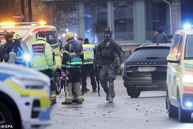 Emergency personnel gather after a shooting at Risbergska School in Orebro, Sweden, 04 February 2025. According to police, five people were shot at the school