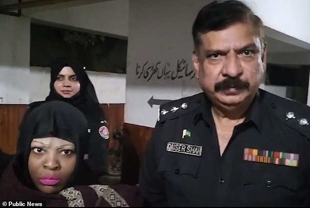 Elsewhere she has also alleged that the pair are going to have a baby and live in Dubai. Pictured with authorities in Pakistan