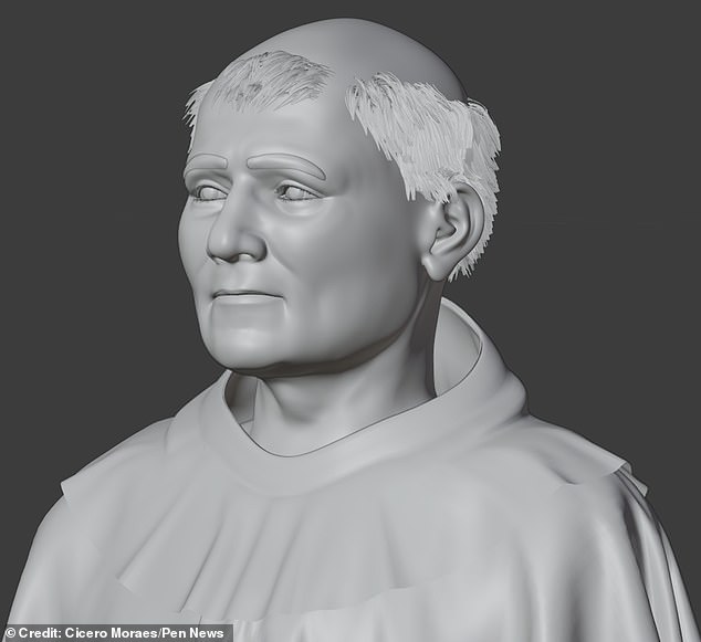 Aquinas's face was reconstructed with the partial remains of his skull. Above: Photo shows the work in progress