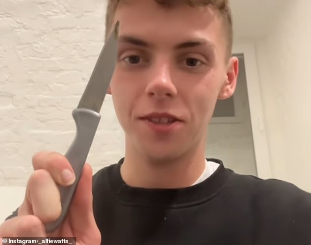 Alfie Watts was left in a state of shock when he checked in to Muranyi 50 City Rooms hotel in Budapest. In a video of his stay that he posted to Instagram, he reveals that he found a knife (above) down the side of the bed