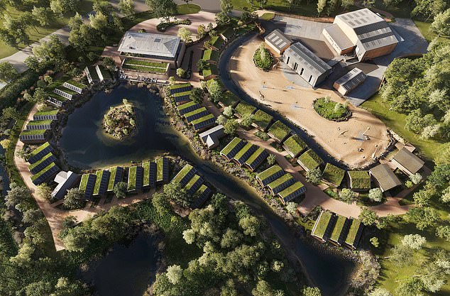 Chester Zoo has unveiled 51 luxury lodges that will enable visitors to stay the night on the site for the first time. Above is a drone shot of the resort, called The Reserve