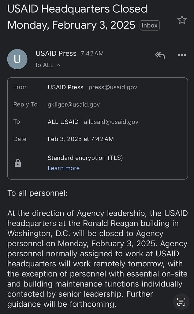 Kliger was the one who sent a company-wide email sent to employees at USAID telling them not to come into the agency's Washington DC headquarters on Monday