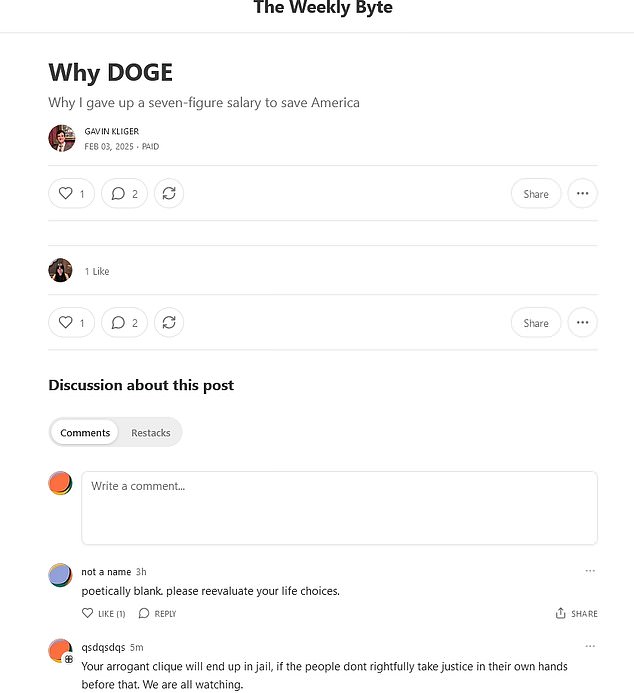 Kliger made a post on his Substack page titled: 'Why DOGE. Why I gave up a seven-figure salary to save America'. Despite a $1,000 paywall, it is completely empty