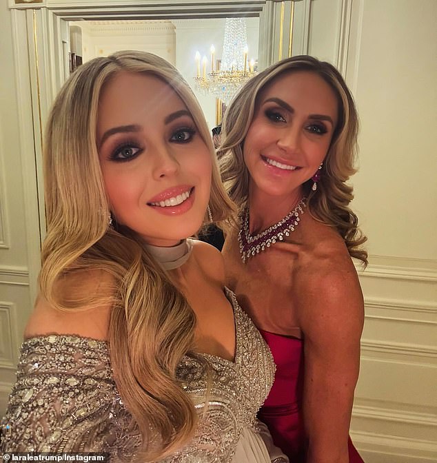 Lara poses with President Donald Trump's youngest daughter Tiffany as the two prepare to attend an inaugural ball on January 20, 2025 in Washington, D.C.