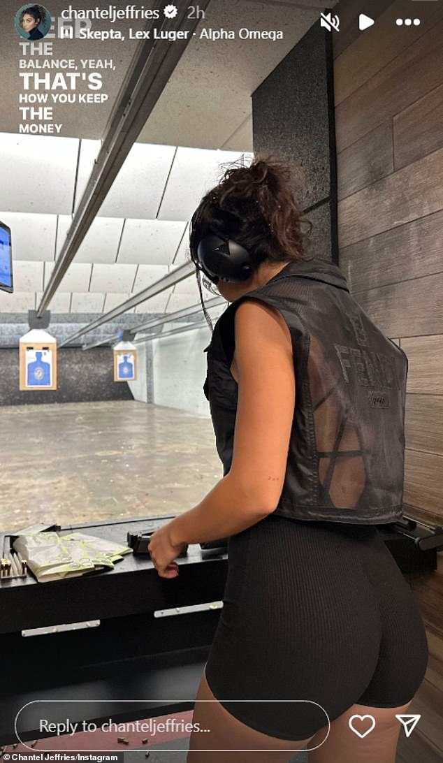 Hours after the beach on Wednesday, Chantel - who boasts 7.9M social media followers - Instastoried a snap of her at a shooting range while clad in tight black shorts