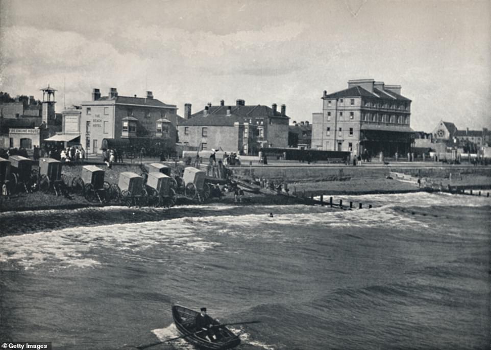 The Esplanade in Bognor Regis is pictured here in 1895. The wheeled contraptions on the beach are bathing machines, which were used to protect people's modesty while they swam in the sea