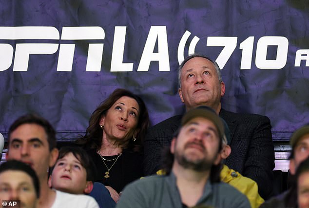 Former Vice President of the United States Kamala Harris, 60, also watched the game with husband Douglas Emhoff, while sporting a black top and a black blazer