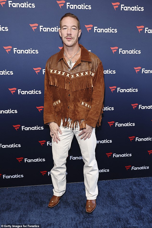 Diplo, 46, admitted on the red carpet of Michael Rubin's 2025 Fanatics Super Bowl Party on Saturday (pictured) that he was tripping on acid at the moment, before sharing his drug of choice