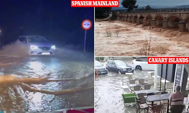 Now Spanish mainland is hammered by floods with 'worst yet to come' as videos show roads