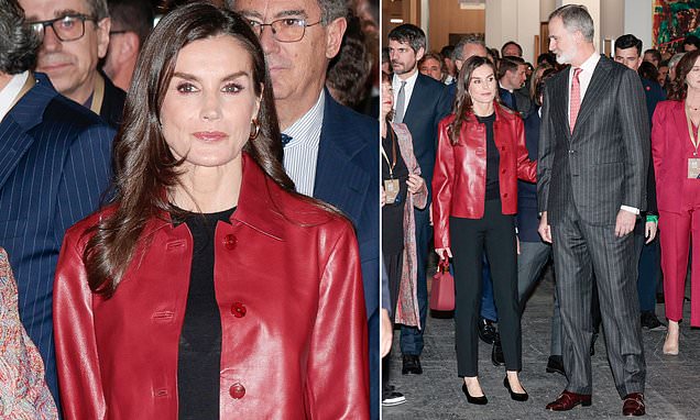 Queen Letizia of Spain puts on an edgy display in a leather jacket and smart trousers as