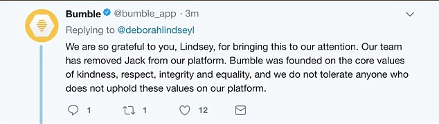 The app explained that it 'was founded on the core values of kindness, respect, integrity, and equality, and we do not tolerate anyone who does not hold these values on our platform'