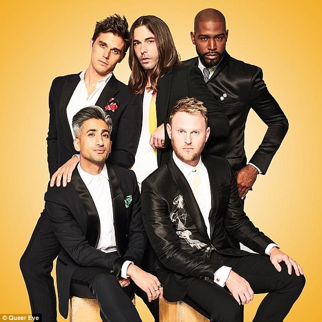 Team: On Queer Eye, Tom received help from the show's (front row from left to right) Tan France, Bobby Berk, (back row) Antoni Porowski, Jonathan Van Ness, and Karamo Brown