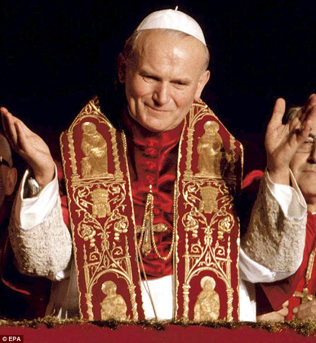 Karol Wojtyla at the loggia of Saint Peter's Basilica, in the Vatican, on the day of his election as Pope John Paul II on October 17, 1978