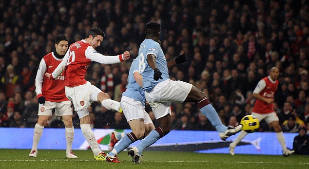 Off the post: Van Persie struck the woodwork in the first half of Arsenal's 0-0 draw with City at the Emirates Stadium