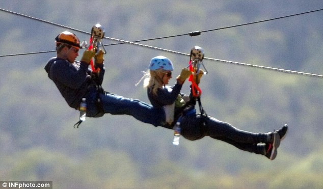 Outward bound: The couple spent the afternoon at a ziplining centre in Wild Canyon Park in Cabo San Lucas, Mexico