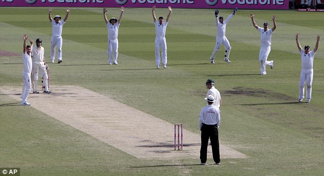 Hand up who's winning: England appeal for Mike Hussey's wicket on day four