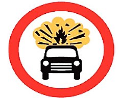 Road sign depicting a car carrying a potentially explosive substance