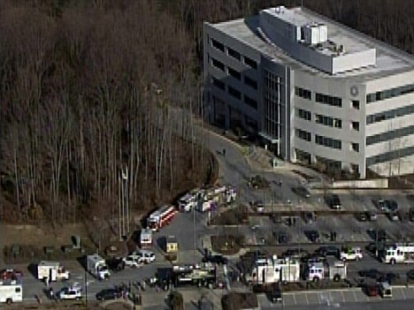 Terror alert: The Maryland Department of Transport headquarters in Hanover, Maryland, as emergency services rushed there after a package released smoke and a mysterious smell