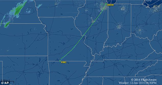 Whoops: Pictured is the flight path of Southwest Airlines Flight 4013 on Sunday. The flight, carrying 124 passengers and five crew members, was scheduled to go from Chicago's Midway International Airport to Branson Airport but somehow veered 9 miles off course