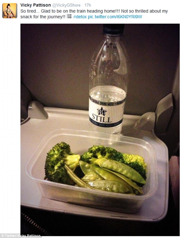 Sticking to her diet: The outspoken reality star posted a snap of her choice of snack for the journey from London back up north to her native Newcastle, a rather healthy combination of broccoli, sugar snap peas and a bottle of still water