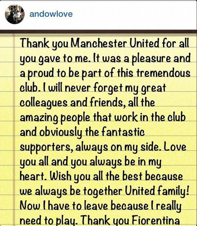 Proud: Anderson posted a message to United fans on Instagram