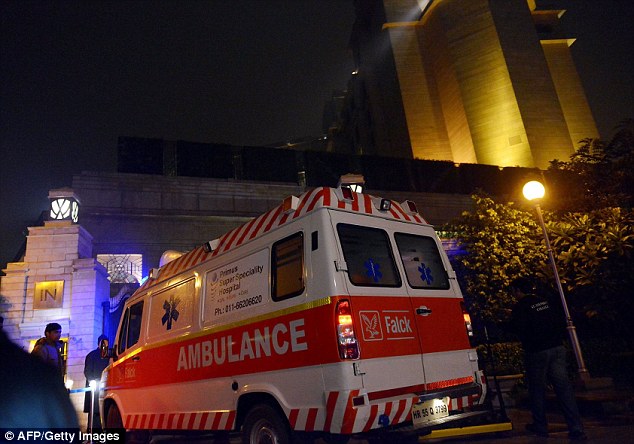 An ambulance arrives at the Leela Hotel in New Delhi where Sunanda Pushkar was found dead