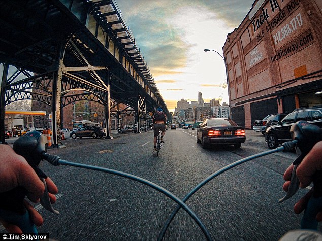 Traffic: Sklyarov weaves in and out of traffic to capture these unique images of the Big Apple