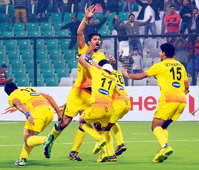 India's Rupinder Pal Singh exults after scoring the winner
against Germany in the Hockey World League Final