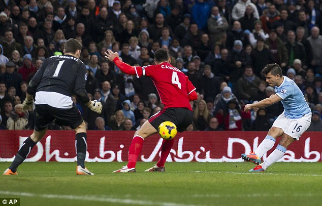 Return: Sergio Aguero fired home Man City's fourth goal of the afternoon against Cardiff on Saturday