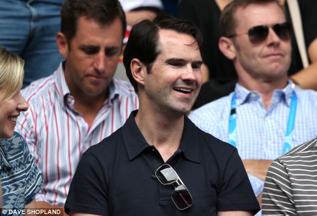 All sorts of friends: Jimmy Carr enjoys his time watching Murray from courtside