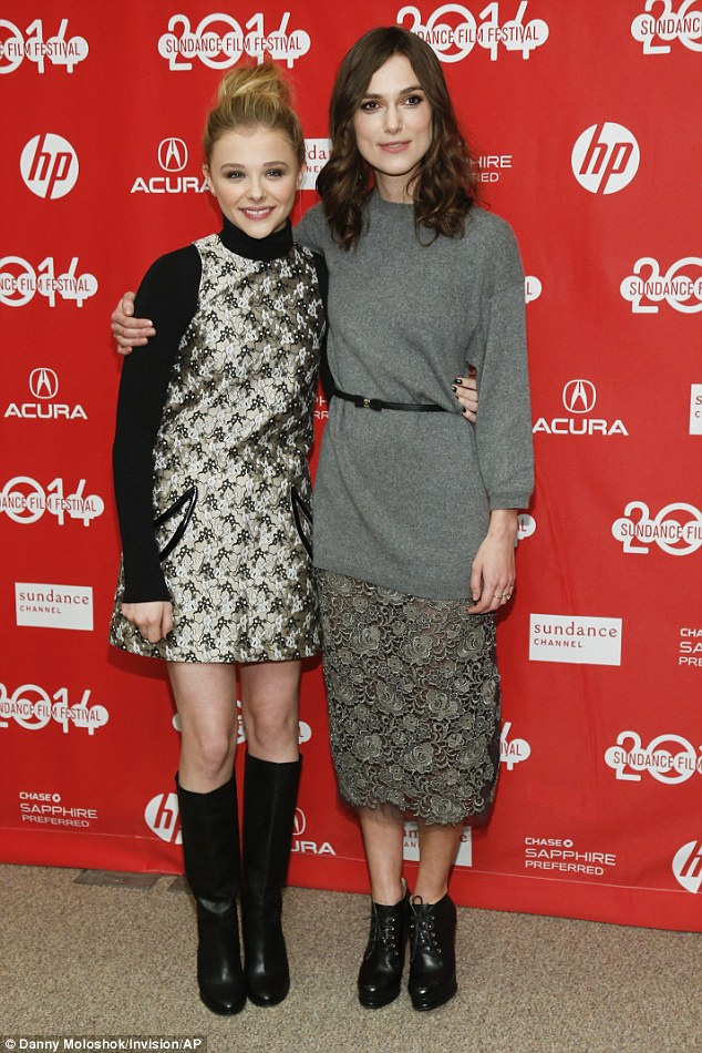 Cuddling up: Keira Knightley put her arm around co-star Chloe Moretz's shoulders at the premiere of their movie, Laggies, at the Sundance Film Festival in Park City, Utah, on Friday