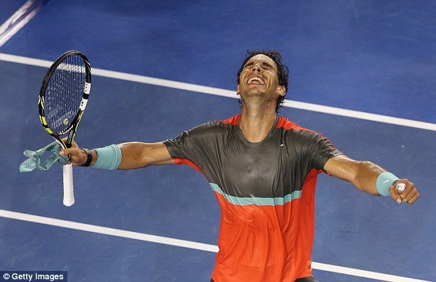 Elated: Rafael Nadal celebrates his comfortable 6-1 6-2 6-3 victory over dangerous Frenchman Gael Monfils in the third round of the Australian Open in Melbourne