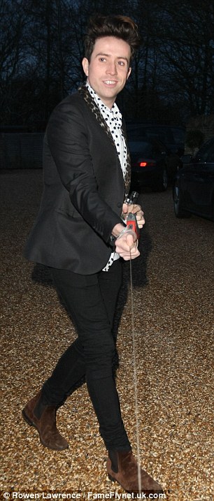 The friends have arrived: James Brown (left) wore one of his more fetching silk neck scarves for the occasion, while Nick Grimshaw (right) opted for a polka dot number