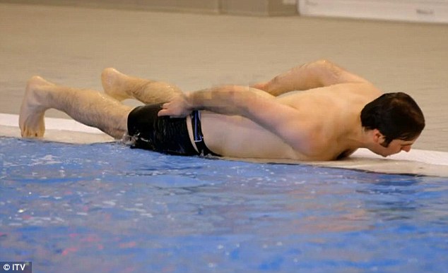 That's not the diving board: Patrick was seen trying out his technique on the side of the pool during rehearsals