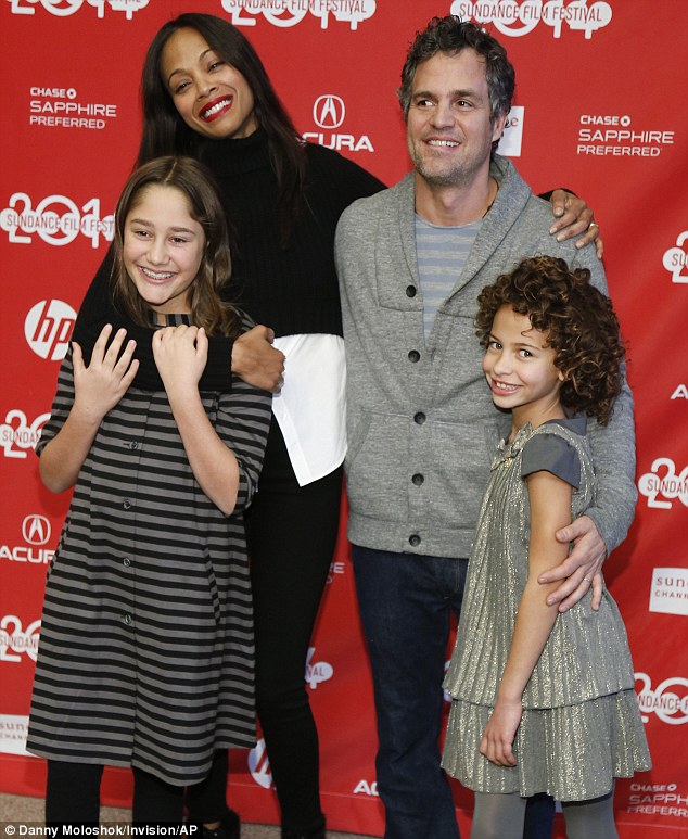 Family film: The actress was joined by her fellow castmembers - pictured from left to right: Imogene Wolodarsky, Mark Ruffalo, and Ashley Aufderheide - for the Infinitely Polar Bear premiere