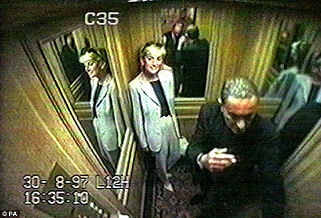 Princess Diana and Dodi Fayed inside the lift at the Ritz Hotel