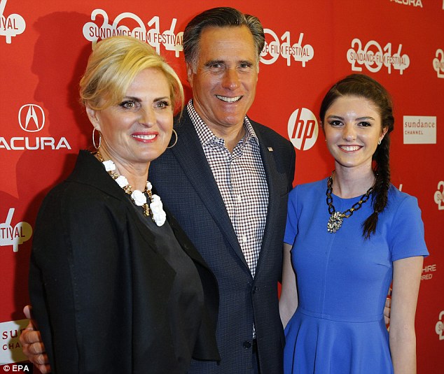 Mitt (C) and Ann Romney, along with their granddaughter Allie Romney, (R), arrives for the premiere of 'Mitt'