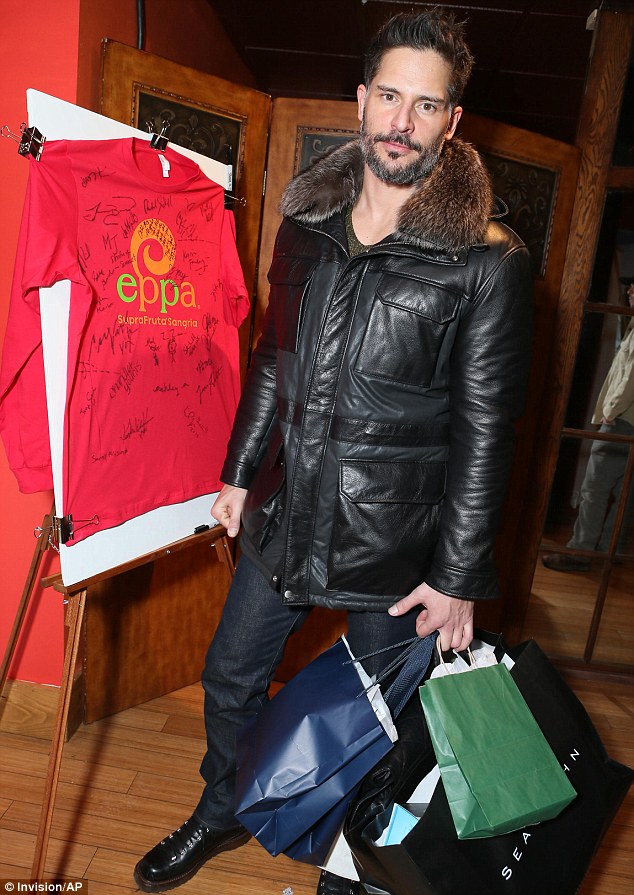 Why so serious? Joe Manganiello posed for a photo in a black leather jacket at the gifting suite