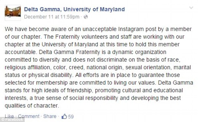 Taking responsibility: The Delta Gamma sorority chapter in Maryland took to Facebook to label the photo and comment inappropriate and not in line with their beliefs 