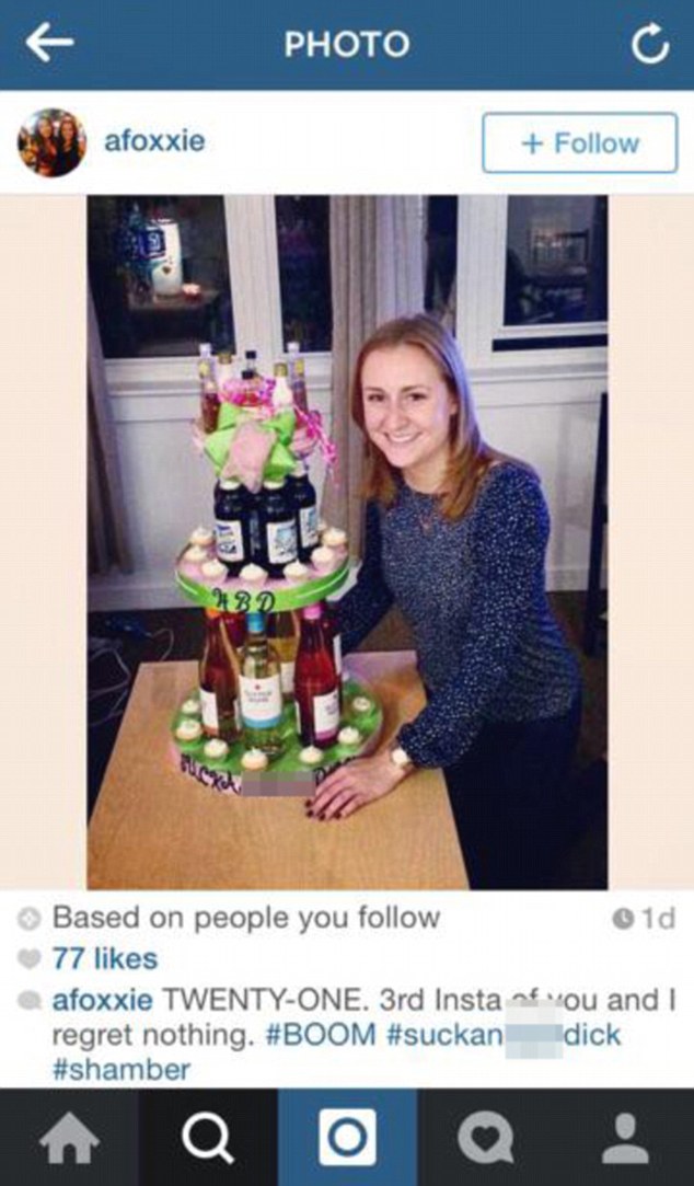 Made headlines: This Instagram photo of a girl at the University of Maryland from Delta Gamma Sorority Inc. with a cake along with a racist remark has some students fuming