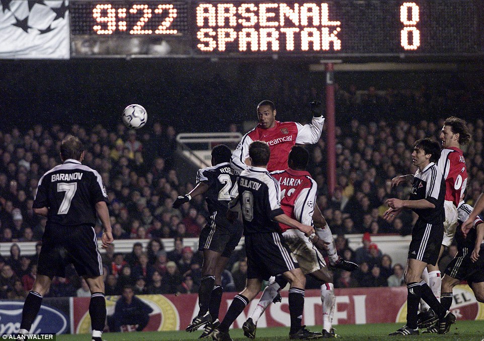 Henry rises above the Spartak Moscow defence to head home a late winner in a March 2001 Champions League tie