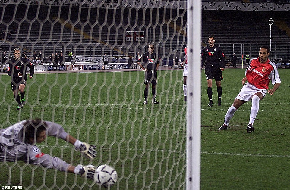 He didn't miss too many but Juventus keeper Fabian Carini got his fingertips to this Henry penalty in the Stadio delle Alpi in March 2002