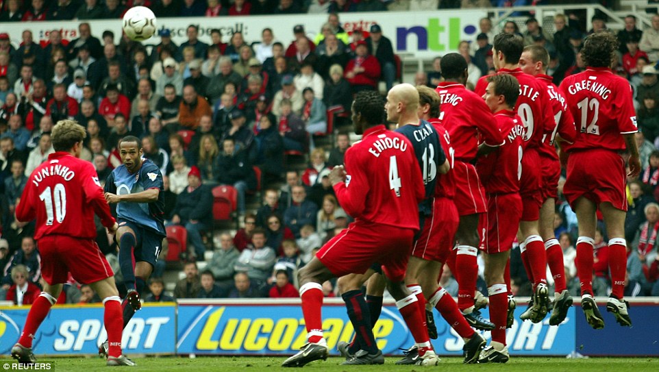 Henry could certainly take a free-kick as well, such as this one in a 2-0 win over Middlesbrough at the Riverside in April 2003