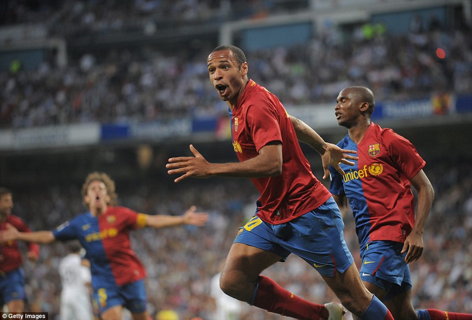 Henry was soon back on the goal trail at Barcelona, scoring here against rivals Real Madrid in the Santiago Bernabeu in May 2009