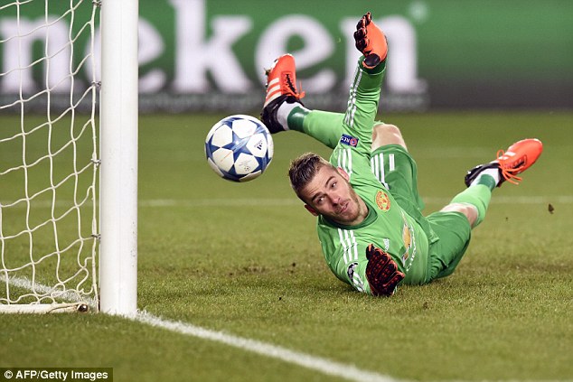 Manchester United keeper David de Gea launches into another fine save against CSKA Moscow 