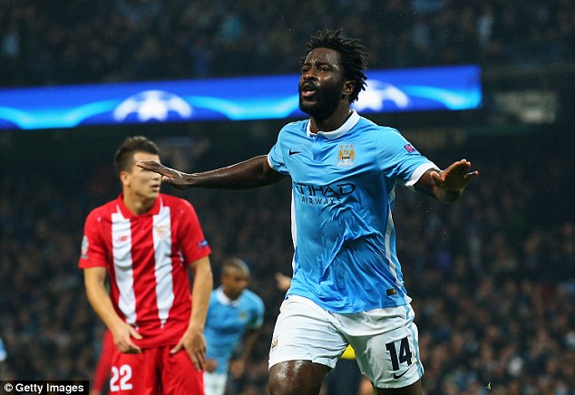 Manchester City's Wilfried Bony, celebrating in midweek, will lead their attack in the absence of Sergio Aguero