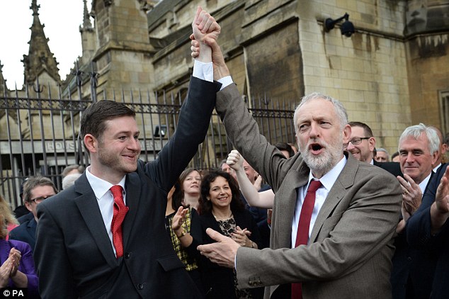 Labour leader Jeremy Corbyn (right) welcomes newly elected Oldham West and Royton MP, Jim McMahon to the Houses of Parliament in London