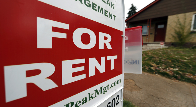 FILE- In this Nov. 20, 2015, file photo, a rental sign is seen outside a property in Denver. The majority of U.S. renters are now older than 40, a fundamenta...