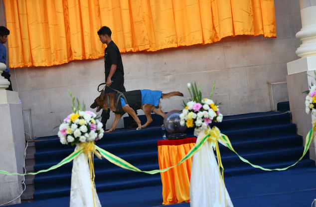 A Myanmar security officer leads a sniffer-dog to secure the building ahead of the opening ceremony of the Yangon Stock Exchange in Yangon, Myanmar,  Wednesd...