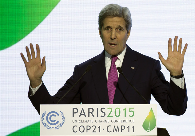 U.S Secretary of State John Kerry delivers his speech during a news conference at the COP21 Climate Conference in Le Bourget, north of Paris, France, Wednesd...